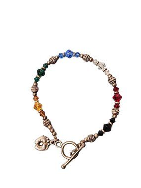 Artisan Multicolor Glass Beaded Bracelet Silvertone Baby Feet Charm 6.5 inches
